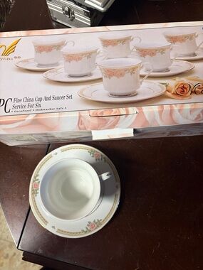 Fine China Pink Rose Cup and Saucer Set - 6pc